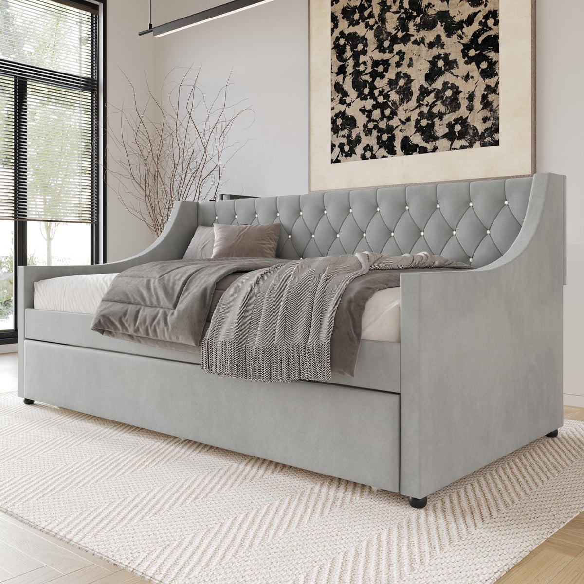 Twin Linen Upholstered Daybed with Trundle X120920
