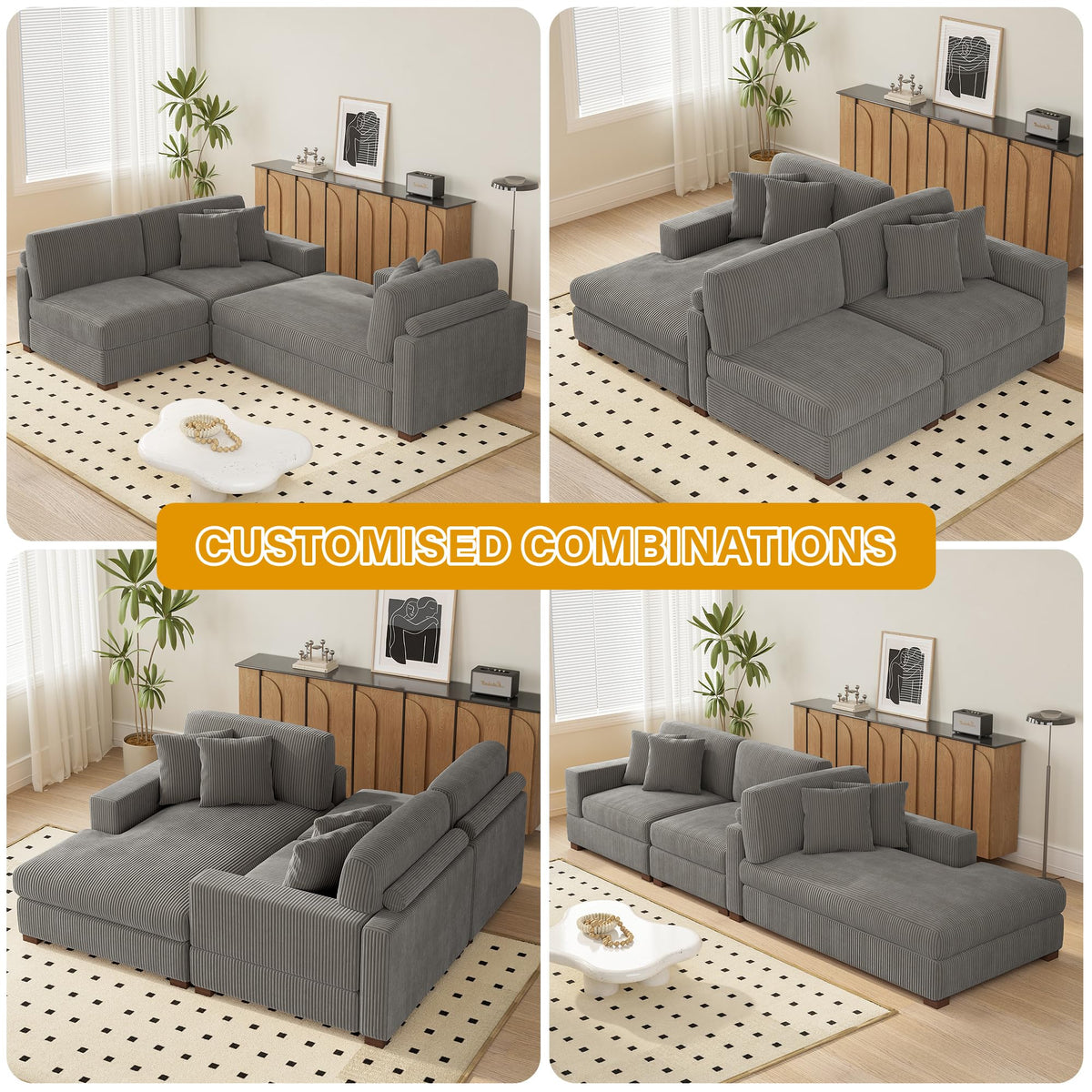 118" Light Gray Corduroy Modular Sectional Sofa with L-Shape Chaise X806554