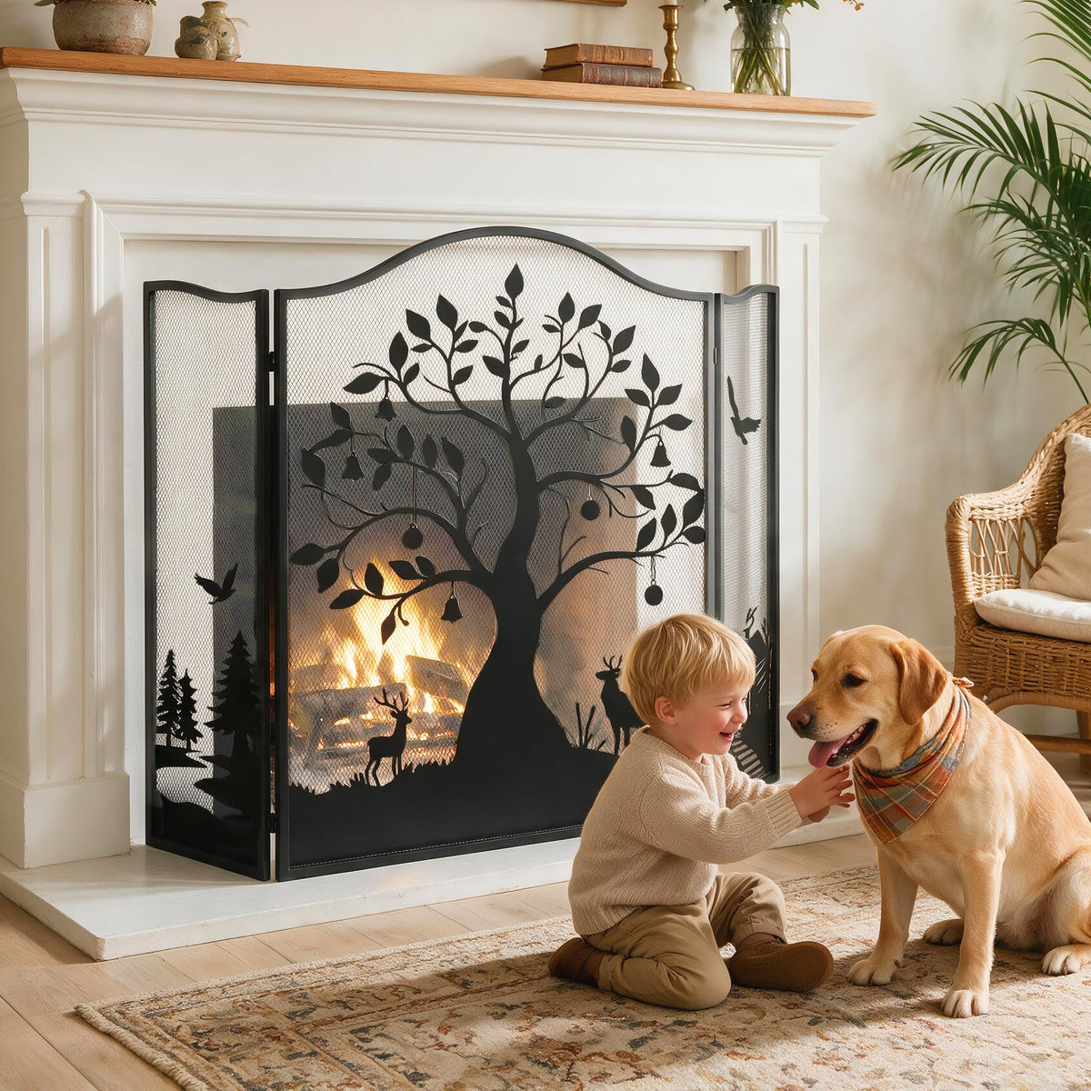 50" x 36" 3-Panel Tree Pattern Fireplace Screen B557550