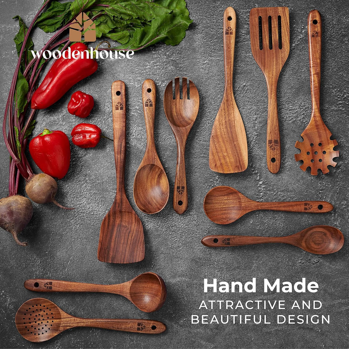 10 Pcs Non Toxic Teak Wooden Kitchen Utensils Set K614983