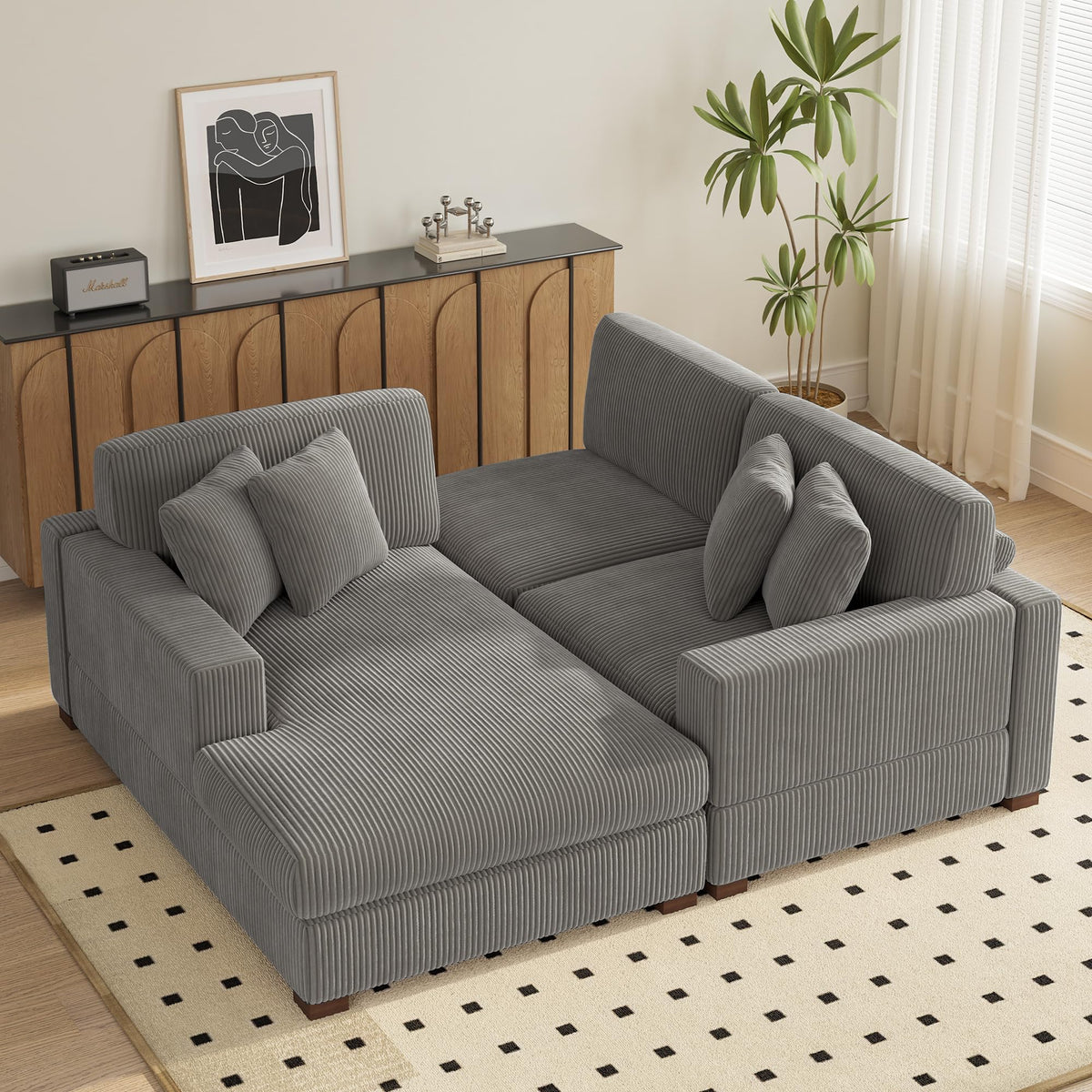 118" Light Gray Corduroy Modular Sectional Sofa with L-Shape Chaise X806554