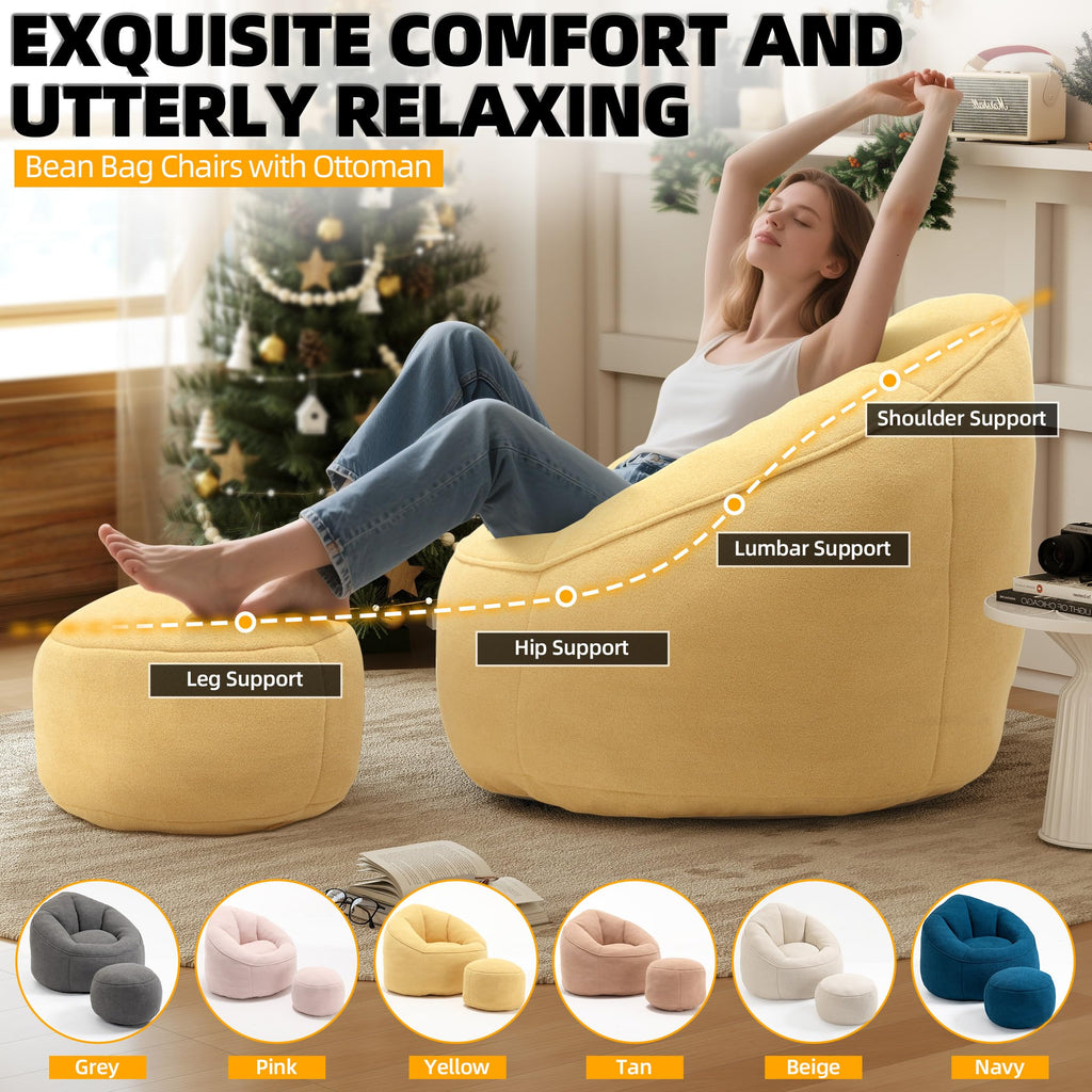 Yellow 3.4 FT Bean Bag Chair with Ottoman L2800