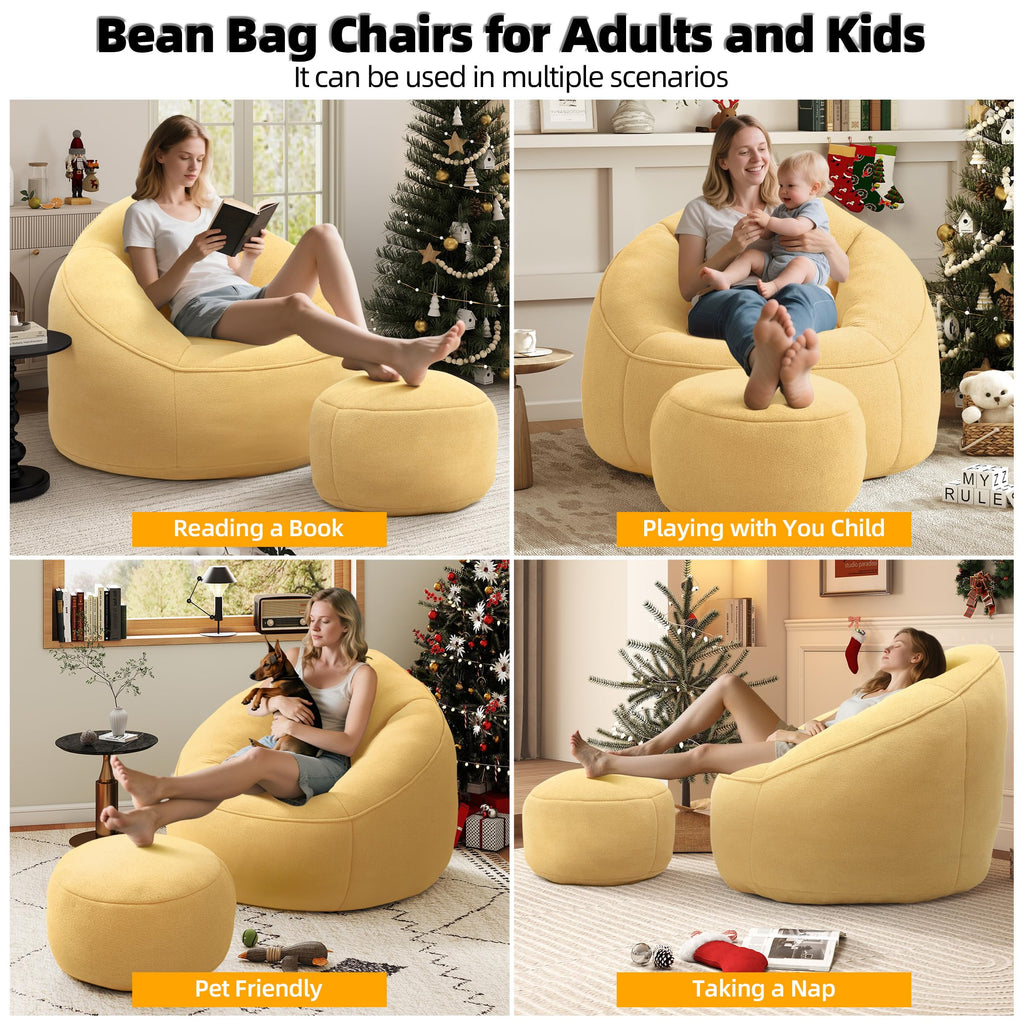 Yellow 3.4 FT Bean Bag Chair with Ottoman L2800