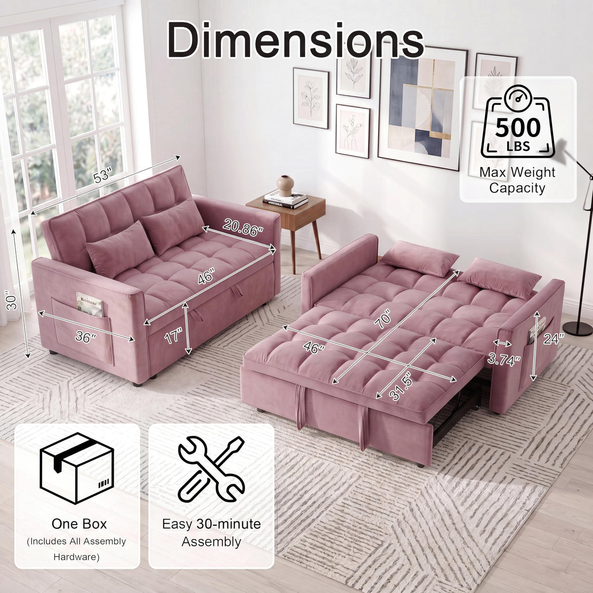Pink Velvet Convertible Sleeper Sofa Bed H585