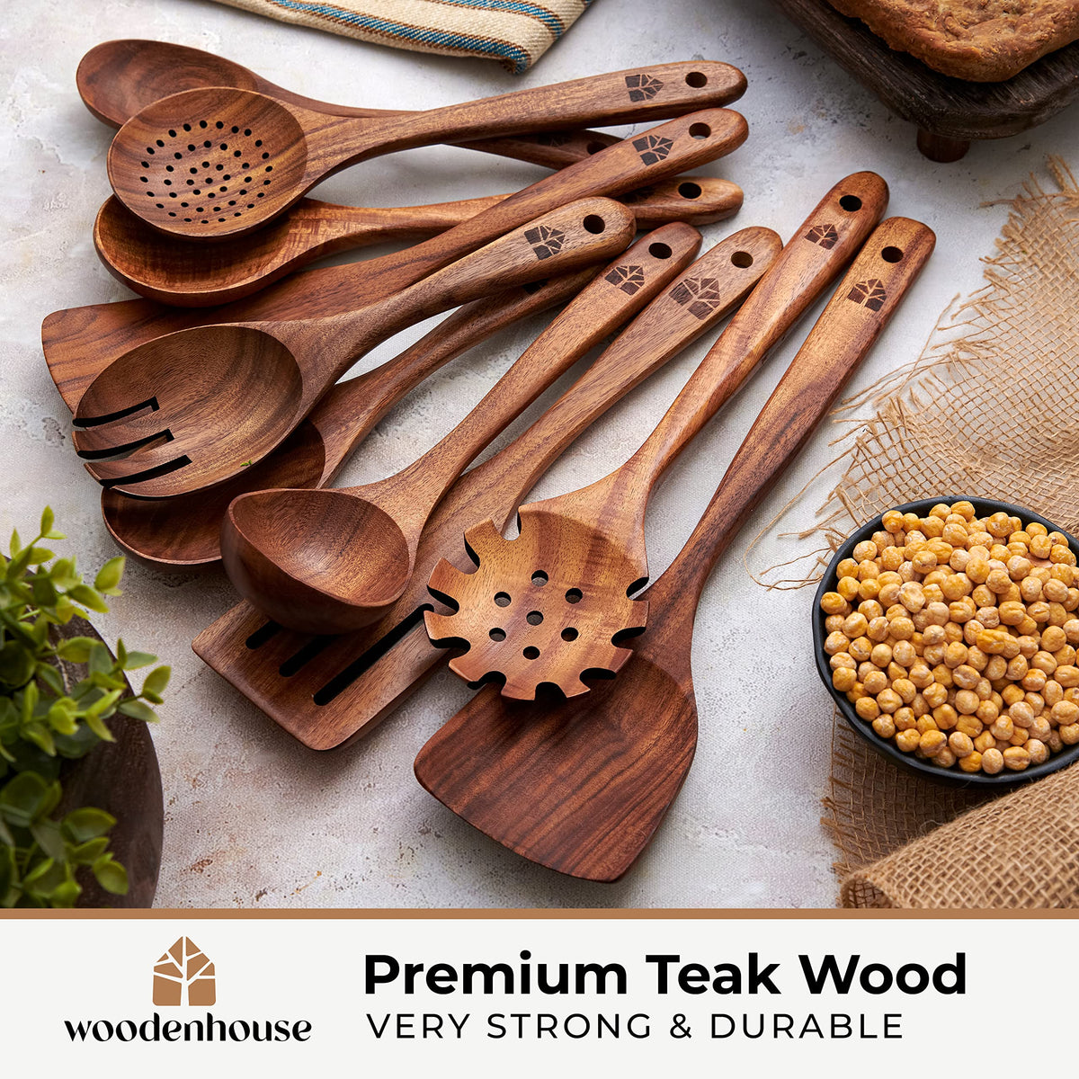 10 Pcs Non Toxic Teak Wooden Kitchen Utensils Set K614983